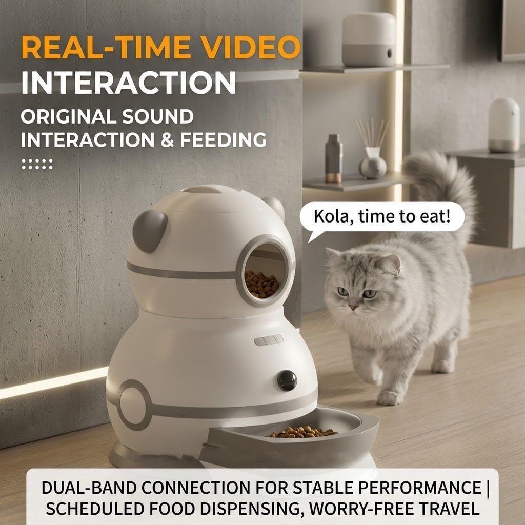 Smart Automatic Pet Feeder with Adjustable Camera, 2.4G/5G Wi-Fi Cat Food Dispenser with Retractable Bowl, App Remote Control, Voice Recorder, Dual Power, for Dry Kibble up to 16mm