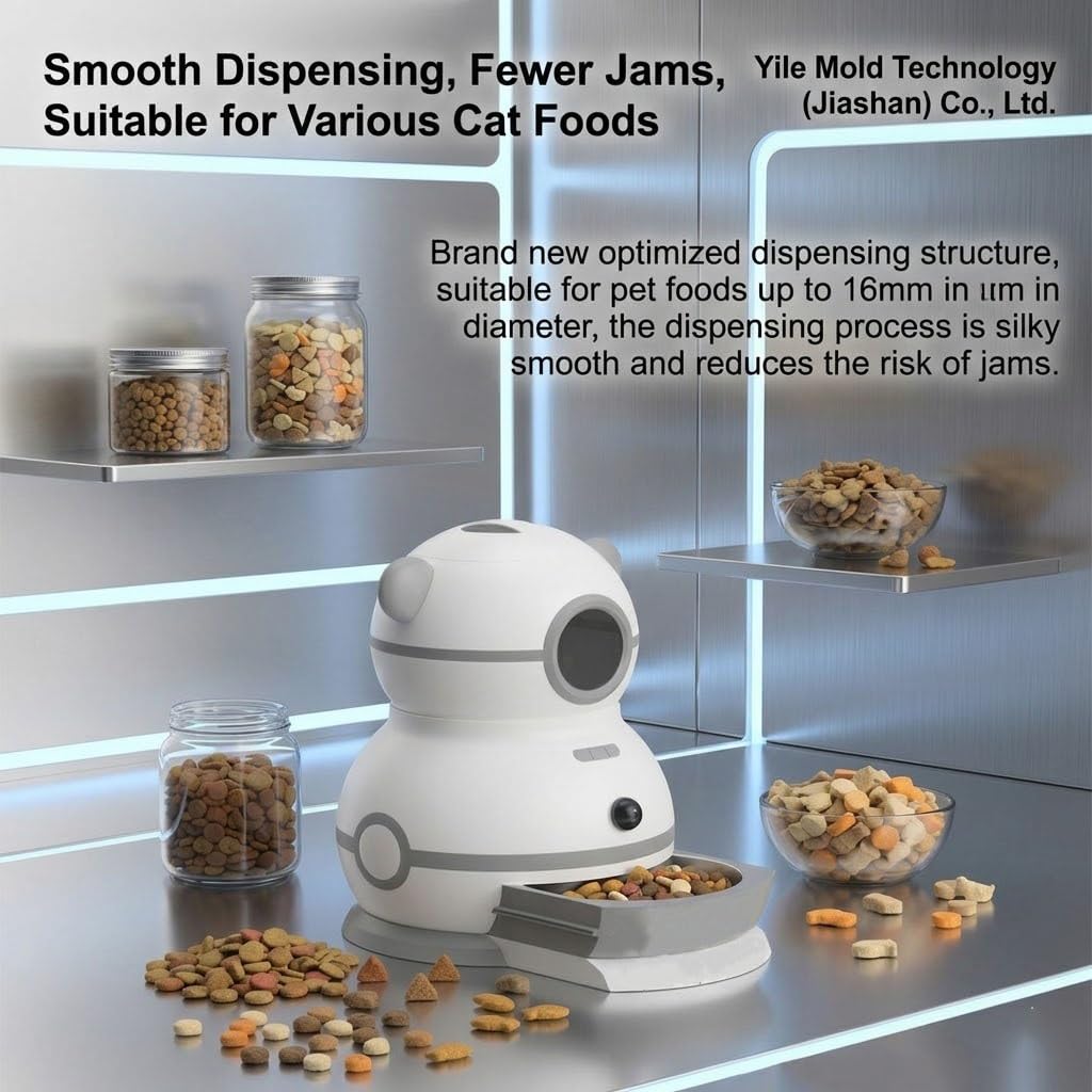 Smart Automatic Pet Feeder with Adjustable Camera, 2.4G/5G Wi-Fi Cat Food Dispenser with Retractable Bowl, App Remote Control, Voice Recorder, Dual Power, for Dry Kibble up to 16mm