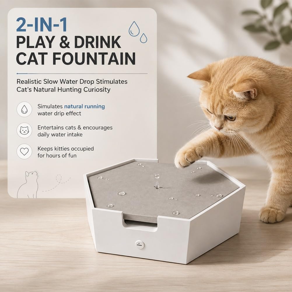 2-in-1 Interactive Drip Cat Fountain for Play & Drink, Automatic Water Drop Cat Teaser Toy, Electric Pet Plaything with Slow Drip Design, Cement Modern Style, Quiet Water Dispenser for Cats