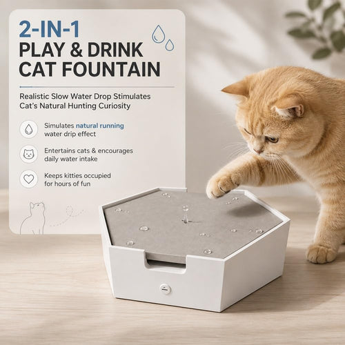 2-in-1 Interactive Drip Cat Fountain for Play & Drink, Automatic Water Drop Cat Teaser Toy, Electric Pet Plaything with Slow Drip Design, Cement Modern Style, Quiet Water Dispenser for Cats