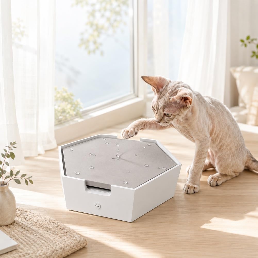 2-in-1 Interactive Drip Cat Fountain for Play & Drink, Automatic Water Drop Cat Teaser Toy, Electric Pet Plaything with Slow Drip Design, Cement Modern Style, Quiet Water Dispenser for Cats