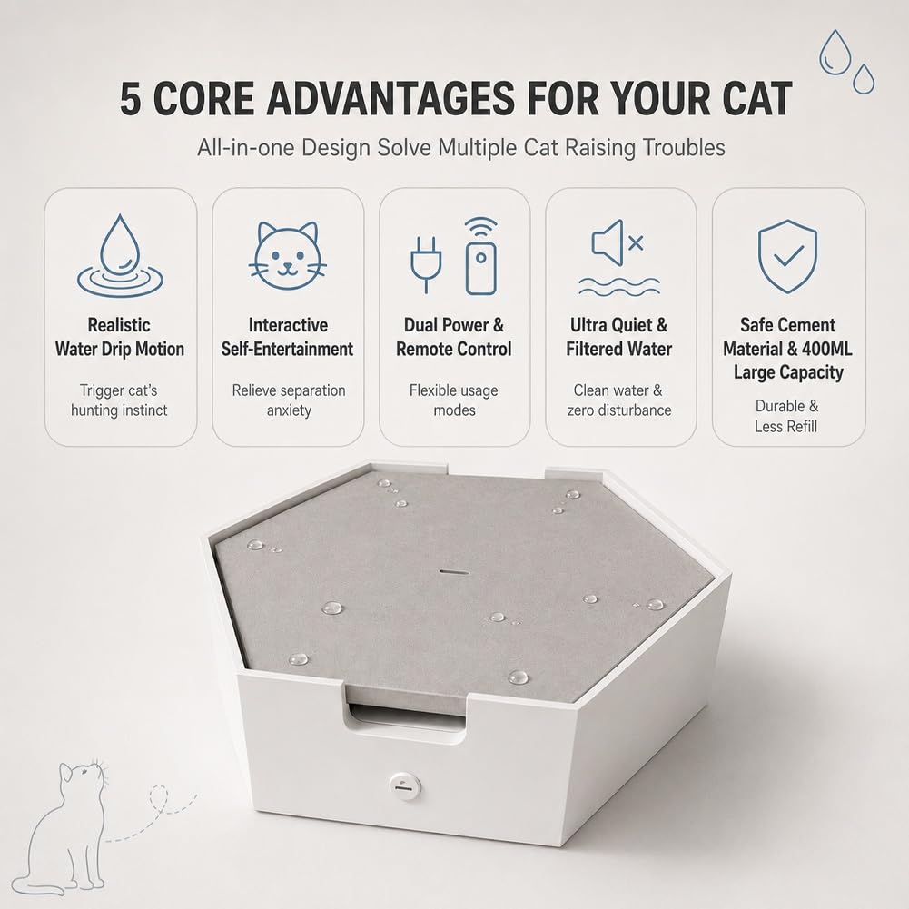 2-in-1 Interactive Drip Cat Fountain for Play & Drink, Automatic Water Drop Cat Teaser Toy, Electric Pet Plaything with Slow Drip Design, Cement Modern Style, Quiet Water Dispenser for Cats