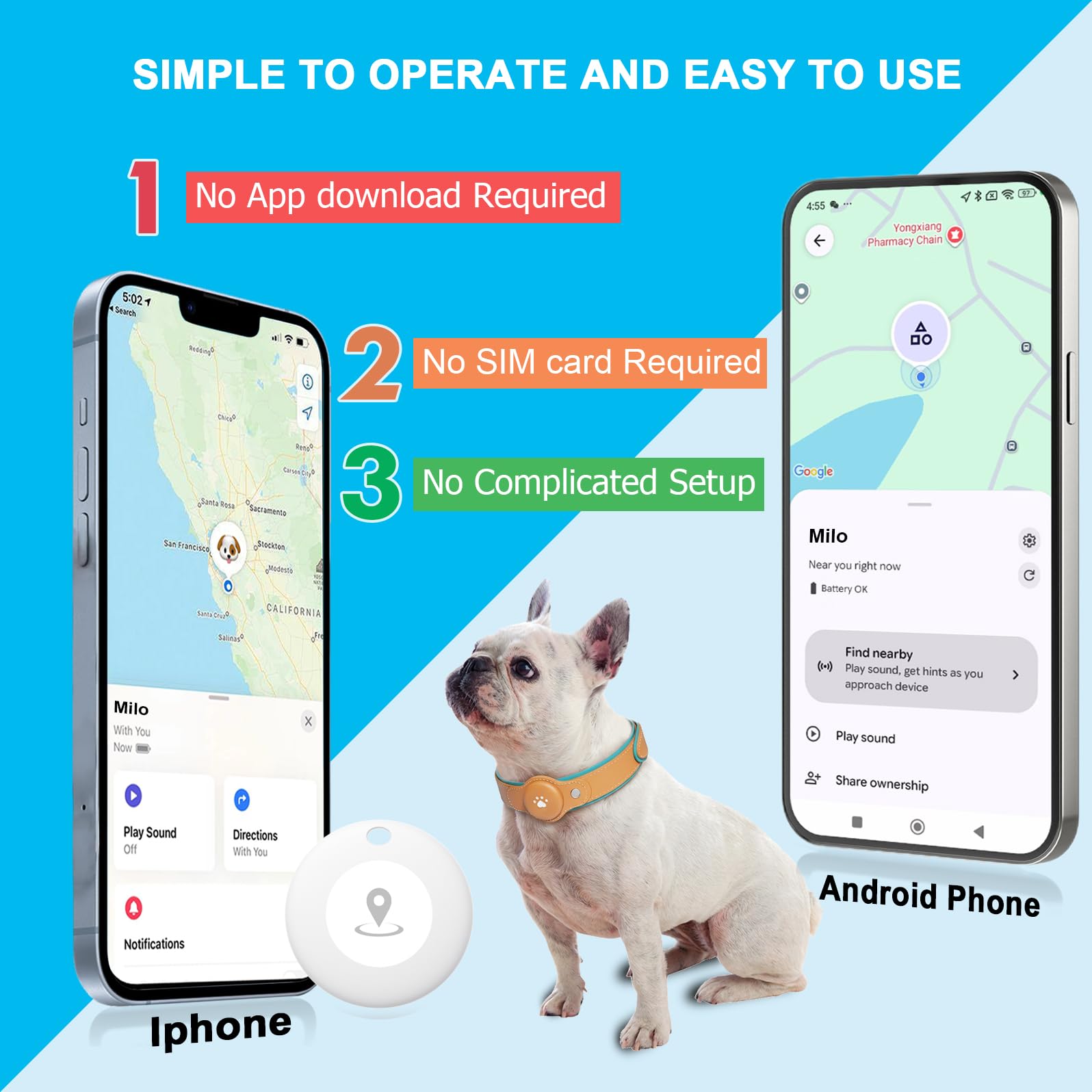 No-Fee 2-in-1 iOS Dog GPS Tracker Collar 365-Day Battery