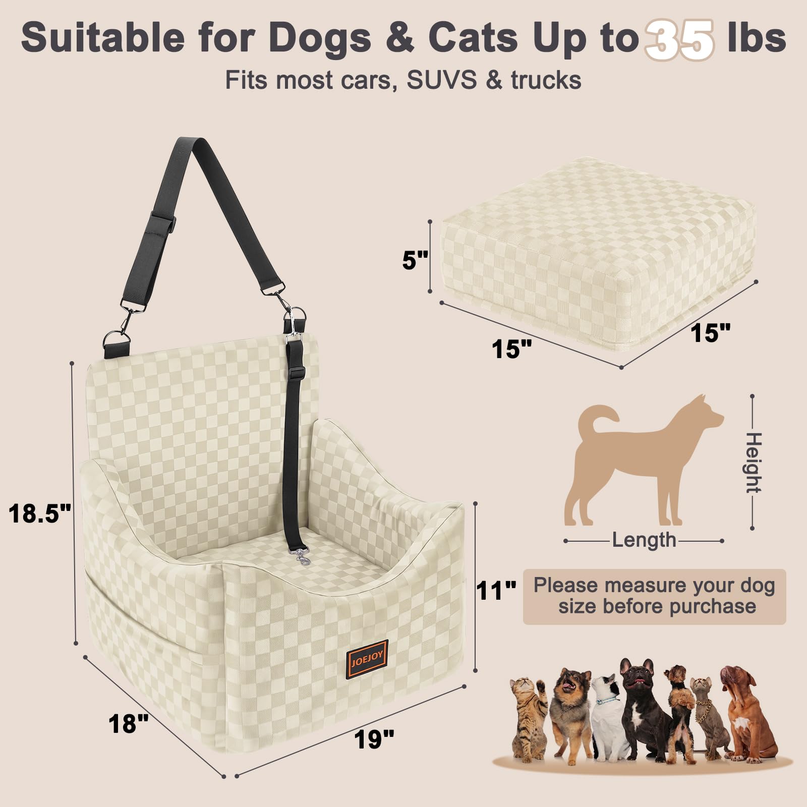 JOEJOY Memory Foam Dog Car Booster Seat with Safety Belts