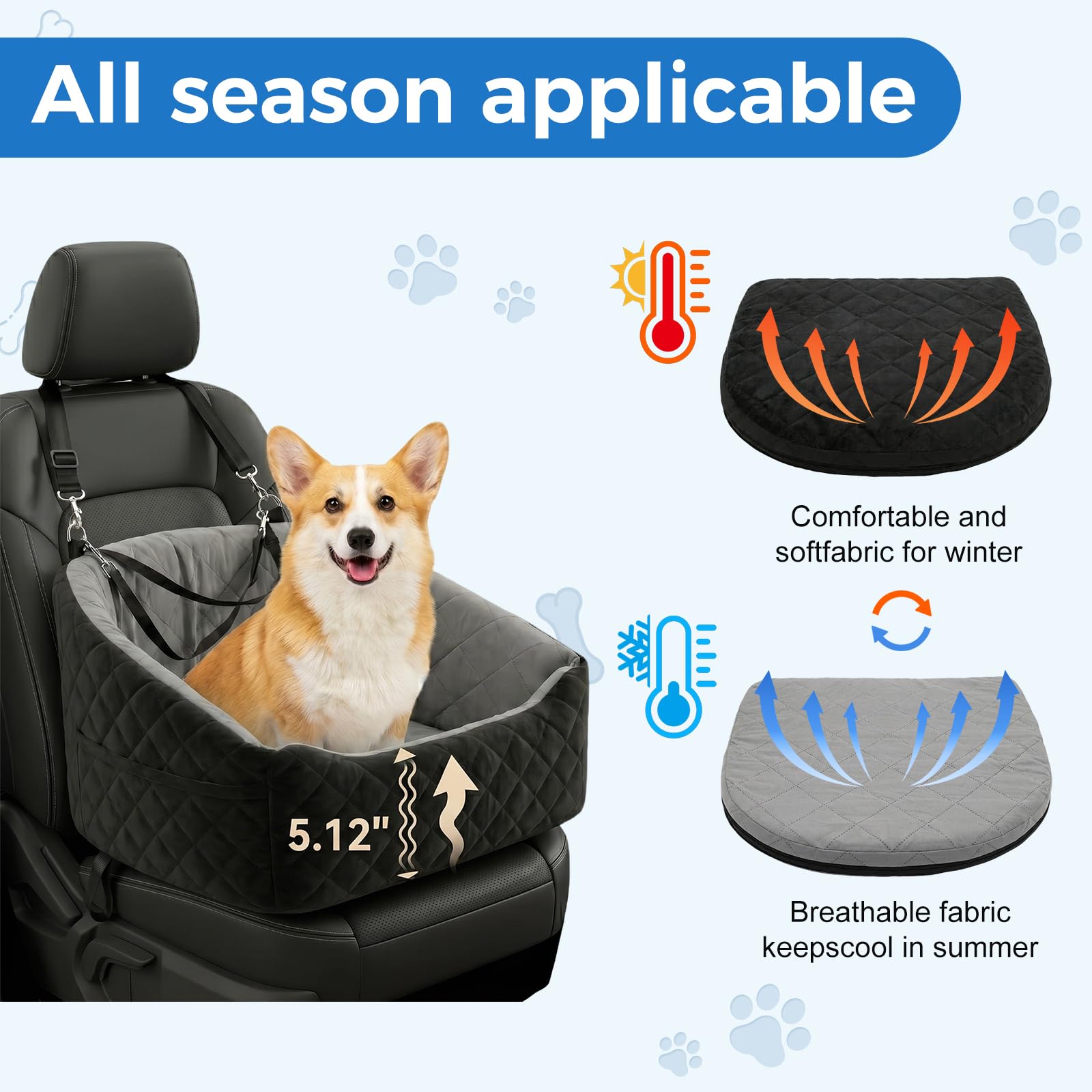 Washable Dog & Cat Car Booster Seat with Safety Tethers