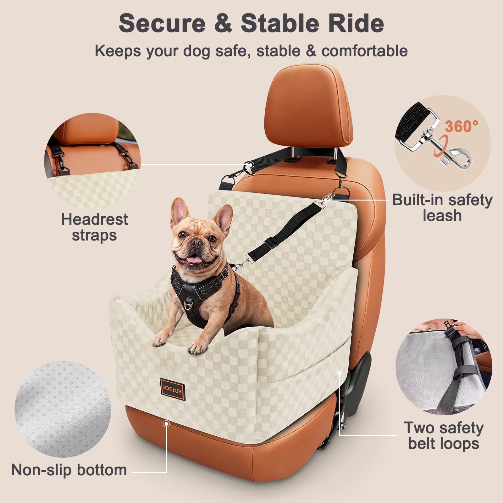 JOEJOY Memory Foam Dog Car Booster Seat with Safety Belts