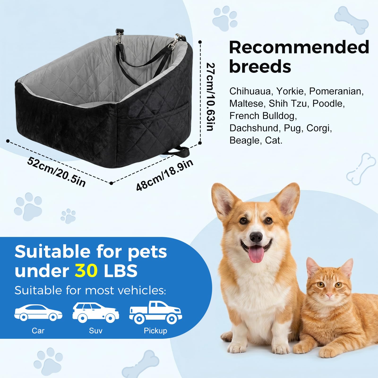Washable Dog & Cat Car Booster Seat with Safety Tethers