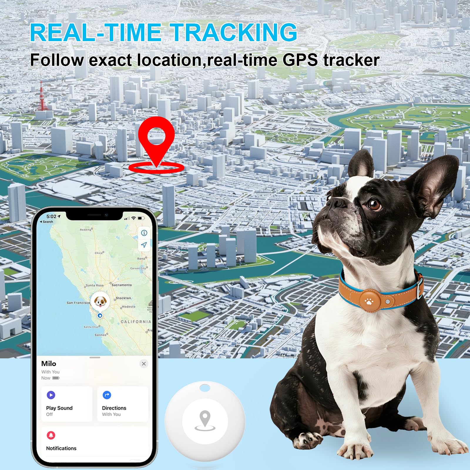 No-Fee 2-in-1 iOS Dog GPS Tracker Collar 365-Day Battery