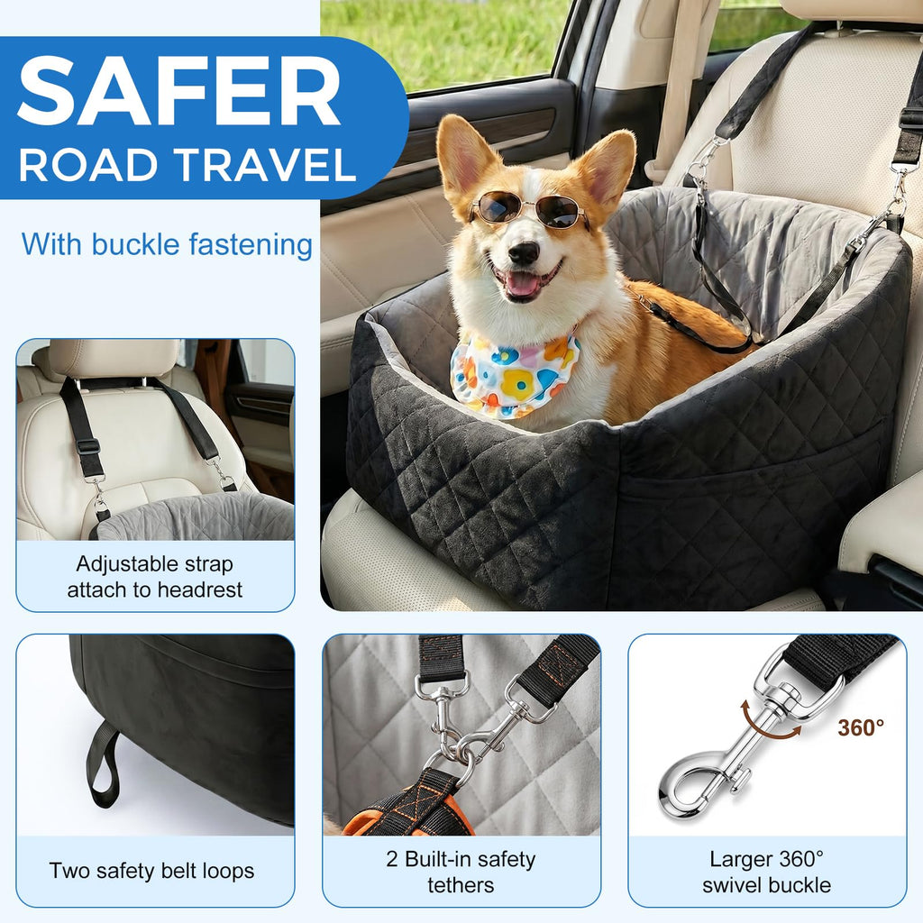 Washable Dog & Cat Car Booster Seat with Safety Tethers