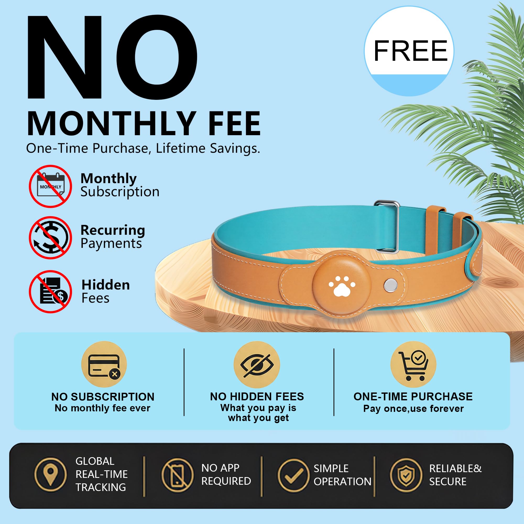 No-Fee 2-in-1 iOS Dog GPS Tracker Collar 365-Day Battery